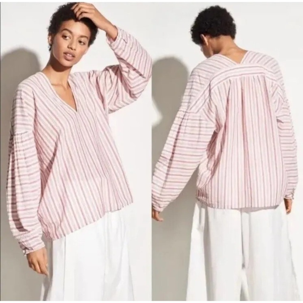 Vince Variegated Stripe Pullover Top Womens Small Red White Cotton V Neck Preppy